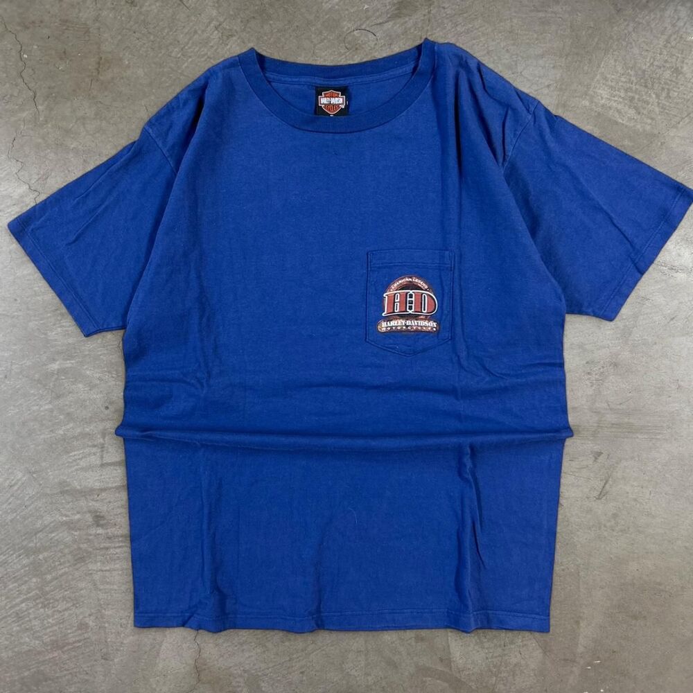 Harley Davidson Raleigh NC blue pocket tee with eagle graphic